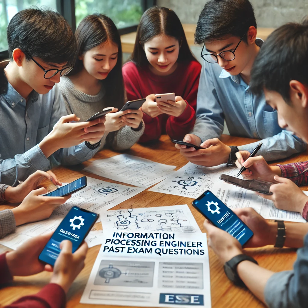 스터디룸에서 스마트폰으로 정보처리기사 기출문제를 다운로드하며 자료를 공유하고 토론하는 학생들