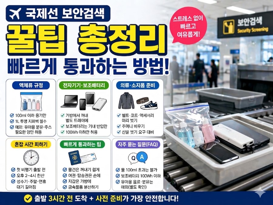 국제선 보안검색 빠르게 통과하는 방법 총정리(액체류 규정, 전자기기 및 보조배터리 지침, 의류 및 소지품 준비법) 인포그래픽 썸네일