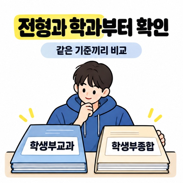 남학생이 학생부교과와 학생부종합 자료 묶음을 나란히 놓고 전형과 학과를 같은 기준으로 비교하는 모습