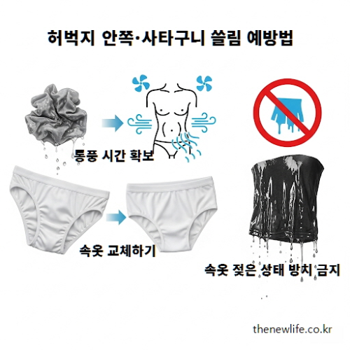 허벅지 안쪽과 사타구니 쓸림 예방을 위해 운동 중 속옷을 교체하고 통풍 시간을 확보하며 젖은 속옷 방치를 금지하는 방법을 설명하는 이미지