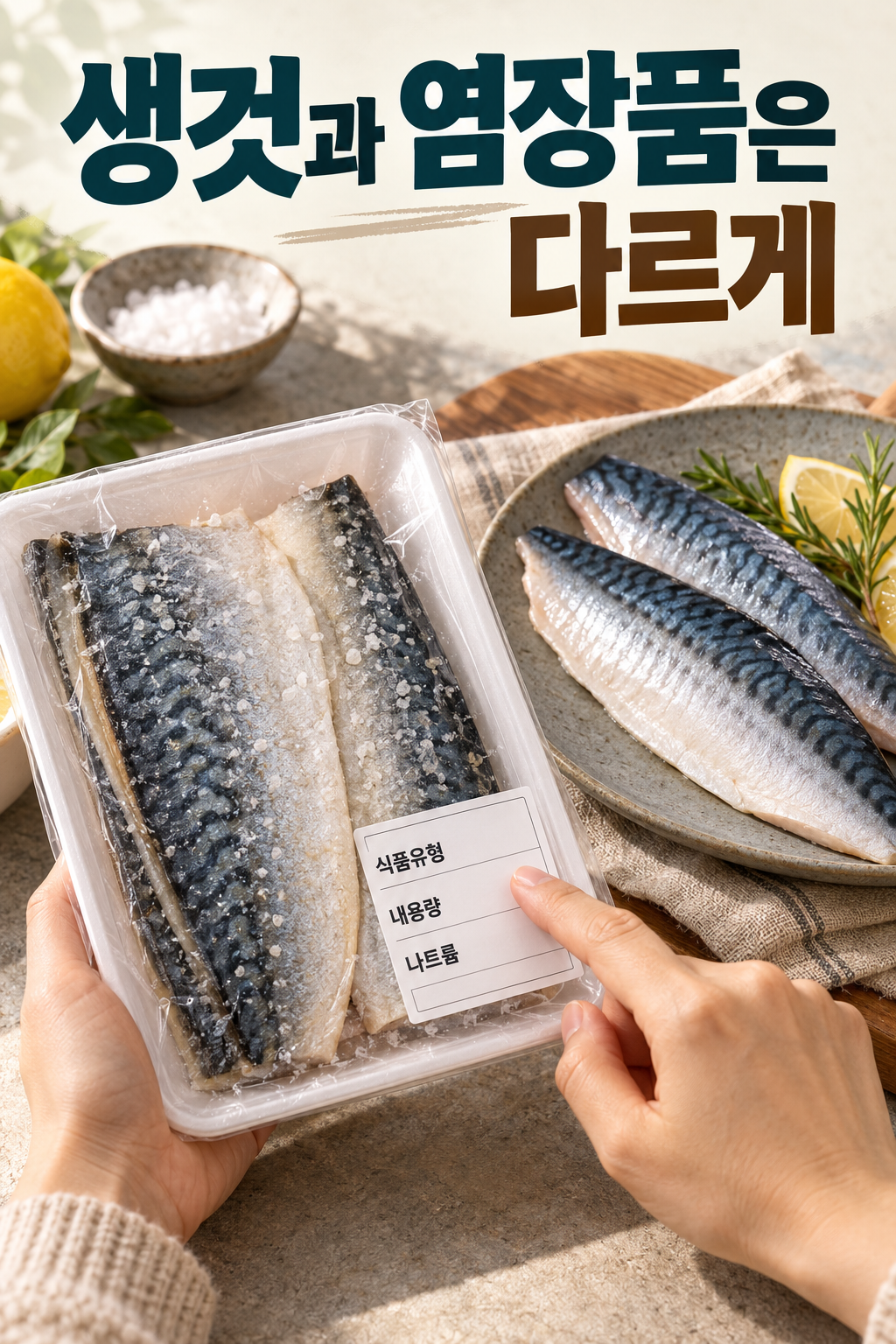 생것 고등어와 염장 포장 제품의 표시를 따로 살피는 장면.