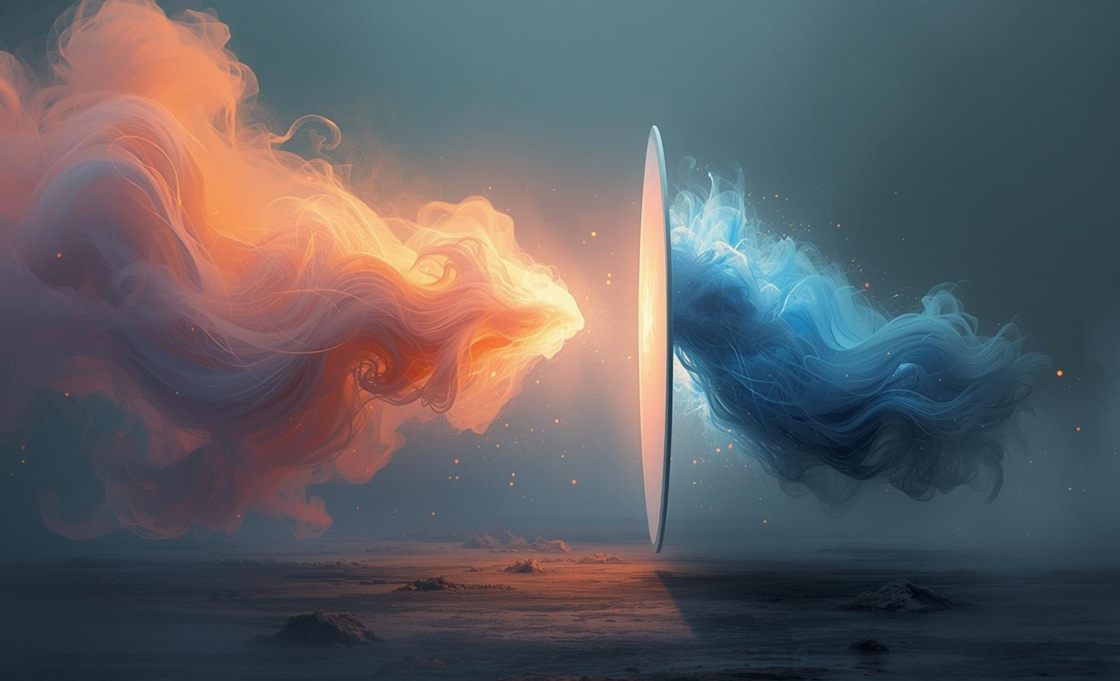 갈등 상황에서 가까워지고 싶은 마음(따뜻한 주황색 빛 덩어리)과 쉬고 싶은 마음(차가운 파란색 빛 덩어리)이 서로 다른 온도로 엇갈리는 추상적인 에너지의 모습을 은유적으로 표현한 이미지