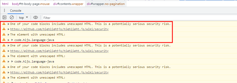 One of your code blocks includes unescaped HTML 해결 방법