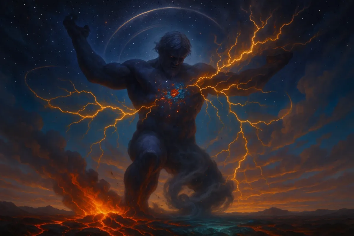 우주 창조를 상징하는 신비로운 거인과 분리되는 하늘과 땅의 장엄한 모습