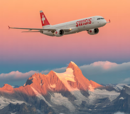 Swiss International Air Lines aircraft flying over Alps mountains to Zurich airport showcasing premium airline service