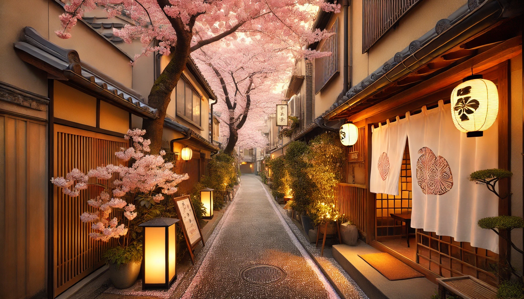 오사카의 벚꽃이 만개한 거리와 호텔 외관