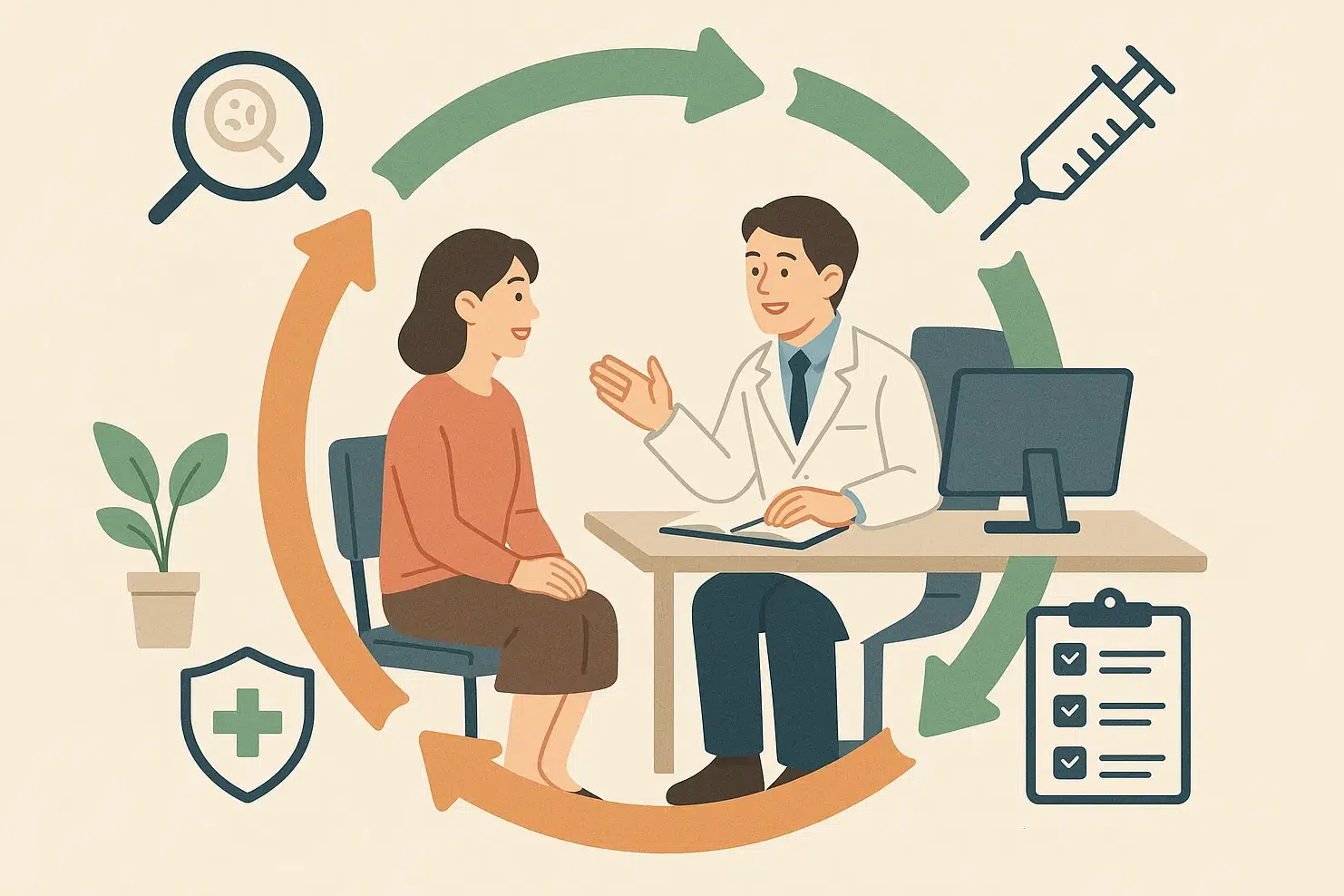 병원에서 상담받는 환자와 의사, &lsquo;원인 분석 &rarr; 치료 &rarr; 생활 관리 &rarr; 재발 방지&rsquo; 4단계 흐름