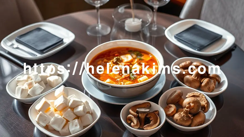 식탁 한가운데 김이 나는 감자탕이 놓여있고, 그 옆에는 따뜻한 밥공기 대신 새하얀 두부 큐브와 다양한 종류의 버섯(표고버섯, 느타리버섯 등)이 먹음직스럽게 담긴 깔끔한 식기가 놓여 있는 이미지.