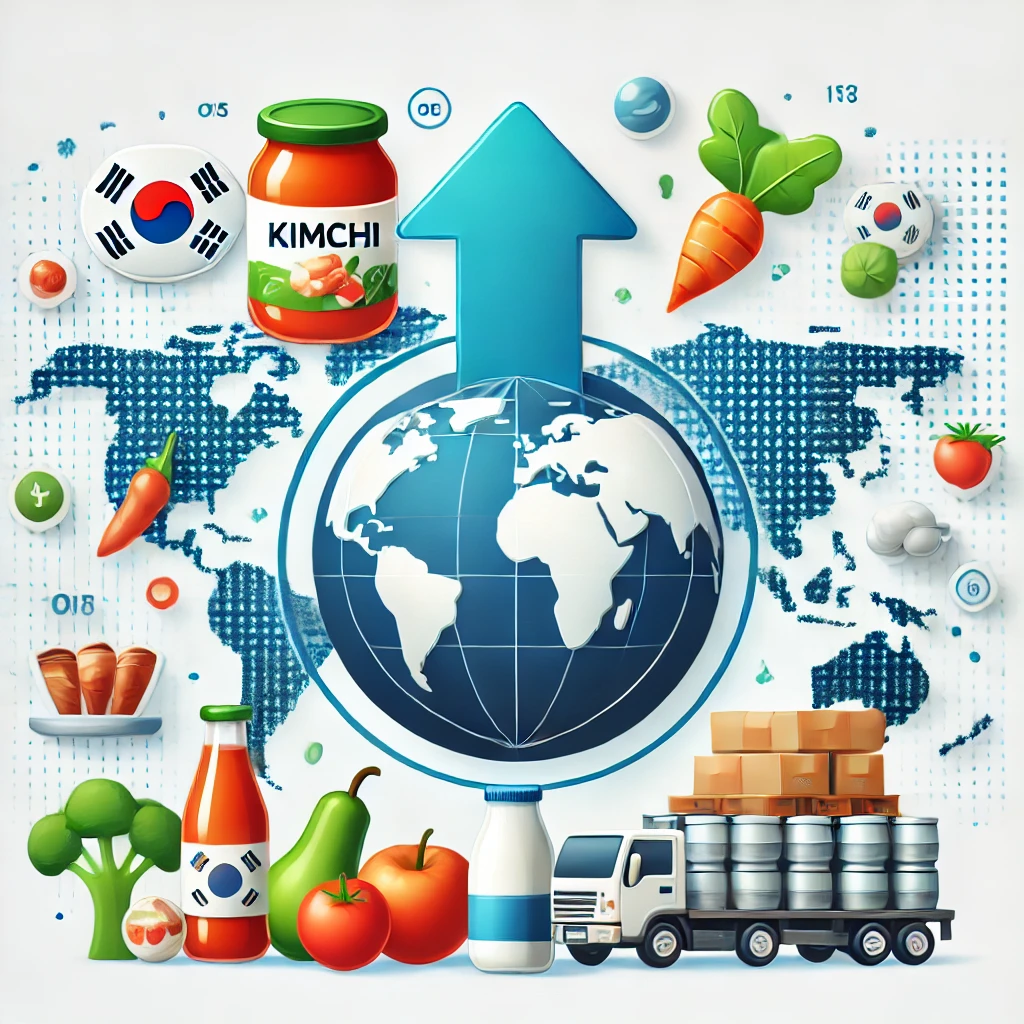 한국에서 세계로 농식품이 퍼져나가는 모습을 표현한 이미지. 김치, 유제품, 과일 등의 아이콘이 한국에서 세계로 확장되며 수출 증가를 상징하는 상승 화살표와 지구본이 함께 포함되어 있습니다. 글로벌 농식품 수출 성장과 국제 무역을 시각적으로 강조한 디자인