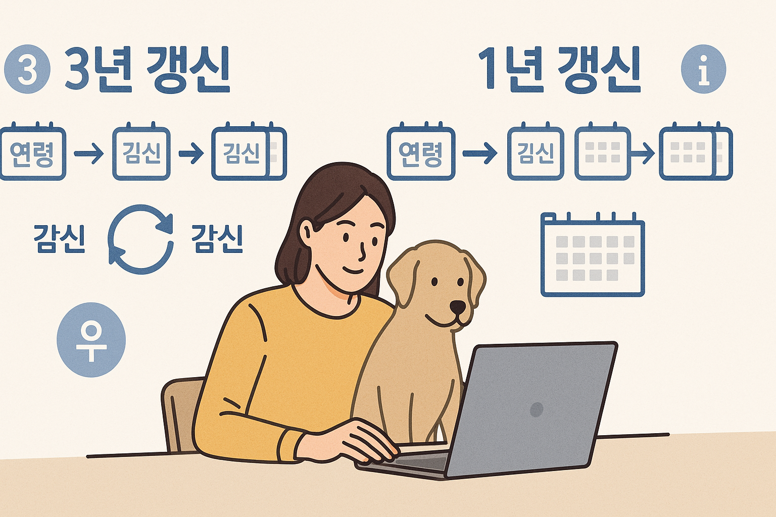 3년 갱신과 1년 갱신 보험 타임라인이 나란히 표시된 인포그래픽