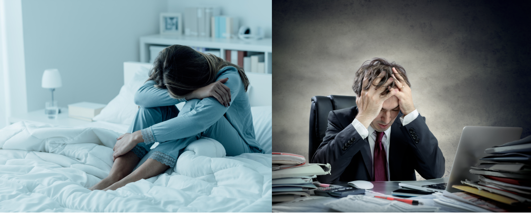 생체리듬의 불균형으로 무기력해진 여성과 업무 스트레스를 겪는 남성의 모습