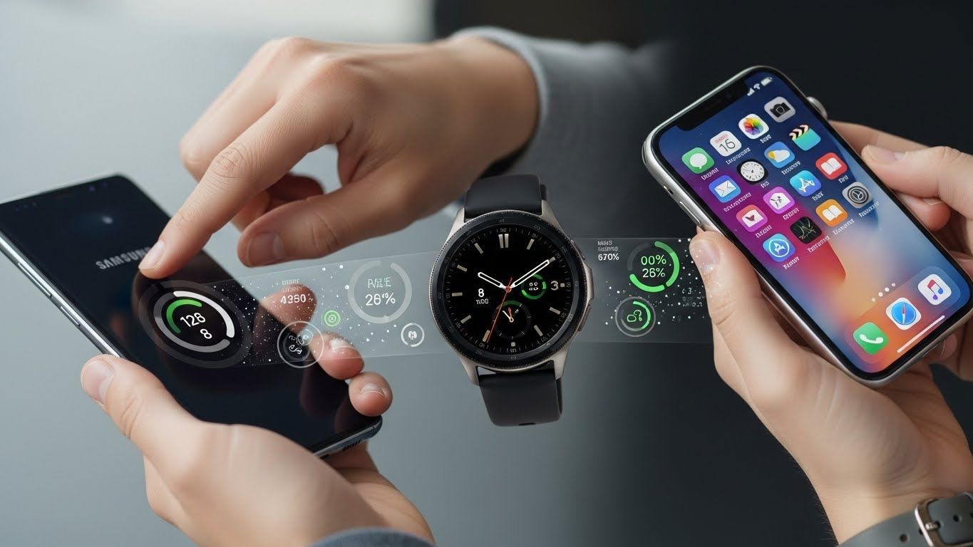 스마트워치가 각 스마트폰과 원활하게 연결되는 모습을 보여주는 역동적인 사진입니다.