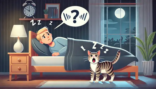 고양이의 야옹 소리에 잠에서 깬 피곤한 집사