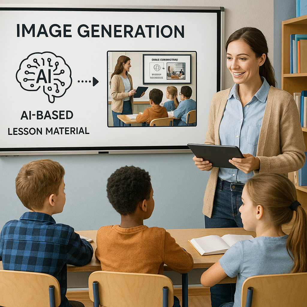 교실에서 AI 기반 수업자료를 사용하는 교사와 학생들