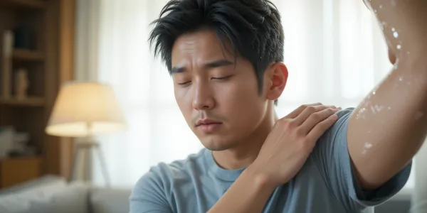 팔근육 떨림 증상을 느끼고 어깨와 팔을 만지며 걱정하는 남성의 모습
