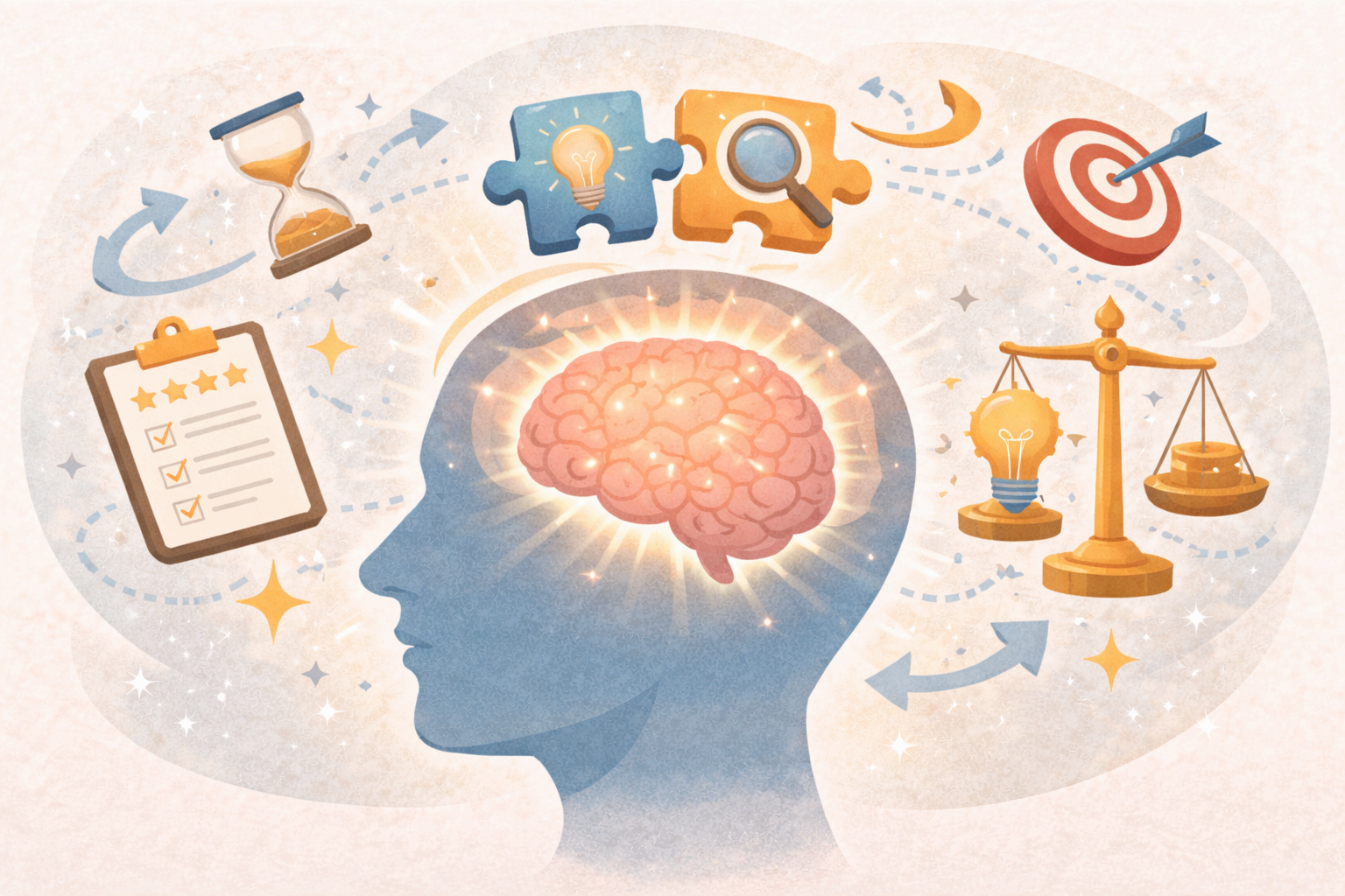 생각에 관한 생각을 상징하는 뇌와 퍼즐 아이콘