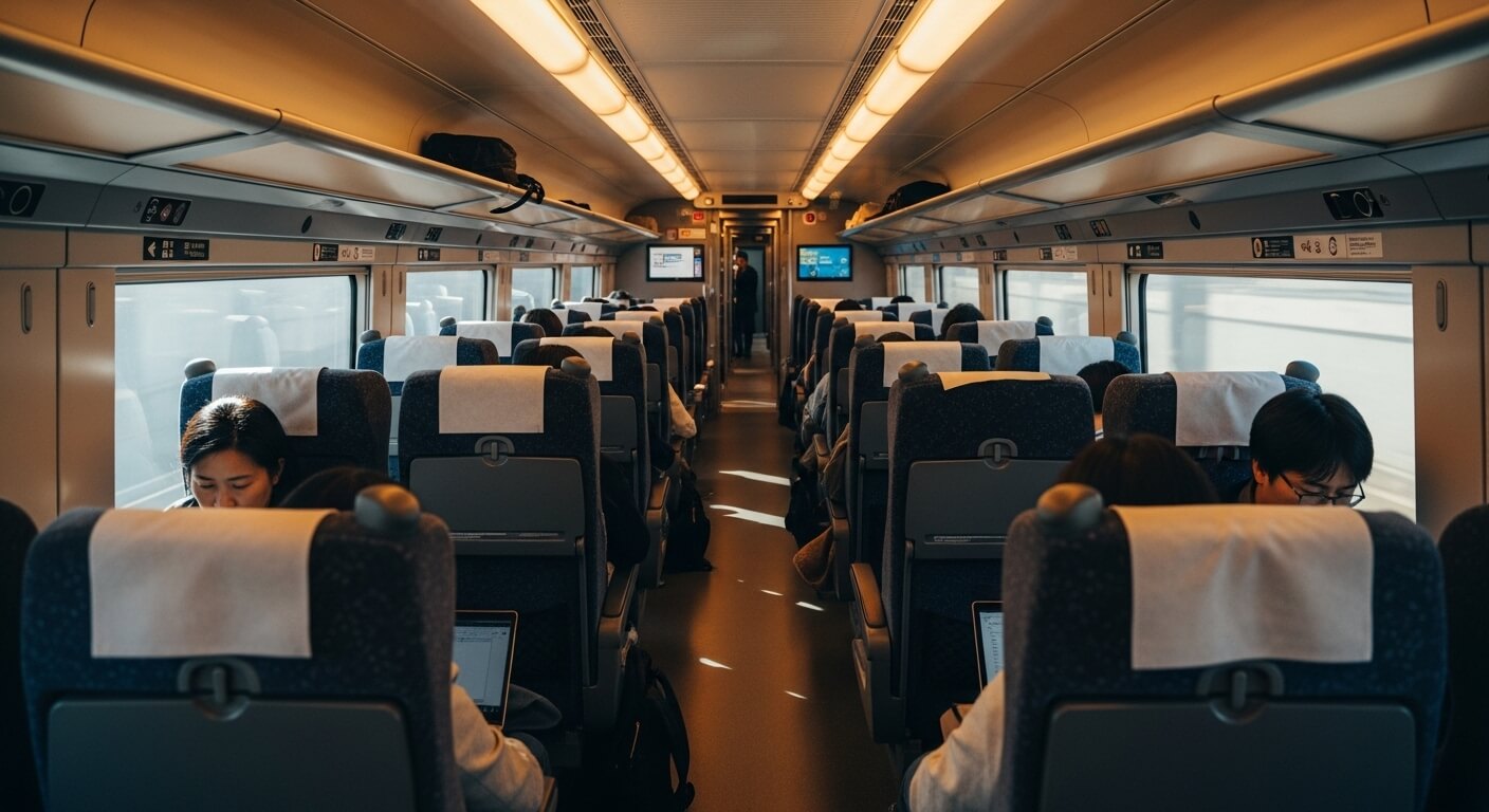 조용히 이동 중인 열차 객실 내부&amp;#44; 승객 일부가 노트북 사용