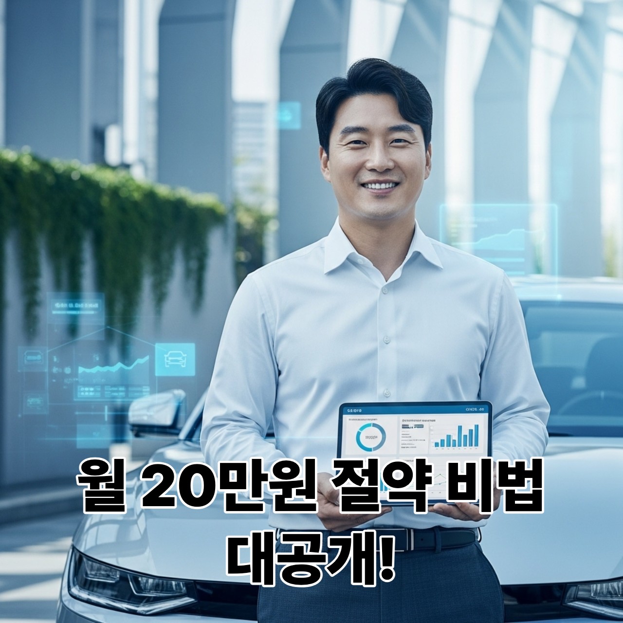 스마트폰으로 자동차 유지비 절약 정보를 확인하며 웃고 있는 30대 한국인 남성과 친환경 전기차