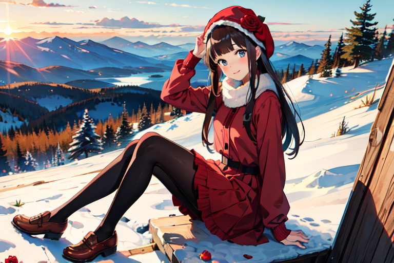 1girl in snow field, forest, lake, mountain, sunset
