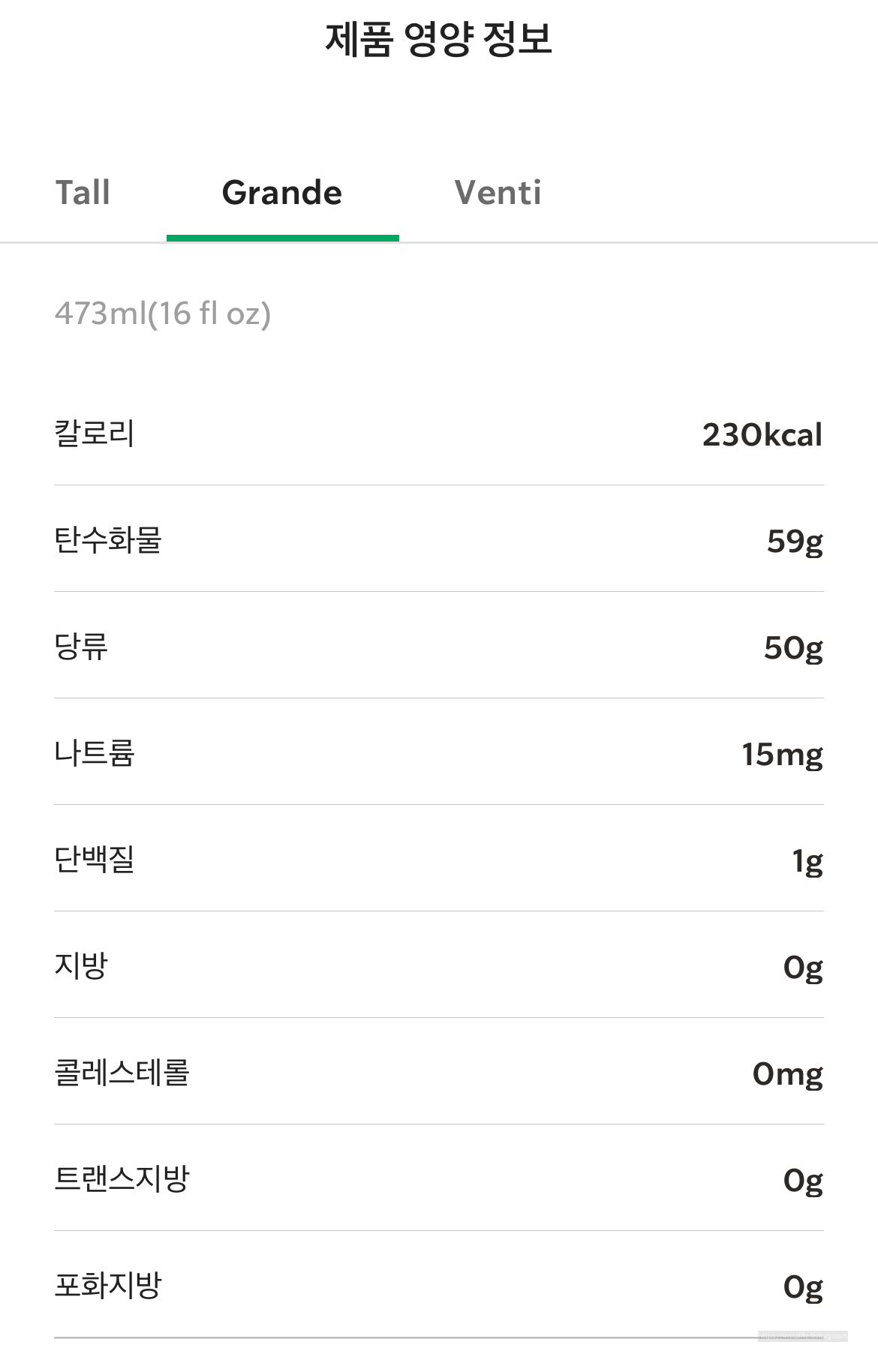 제품의 영양 정보 이미지 입니다.