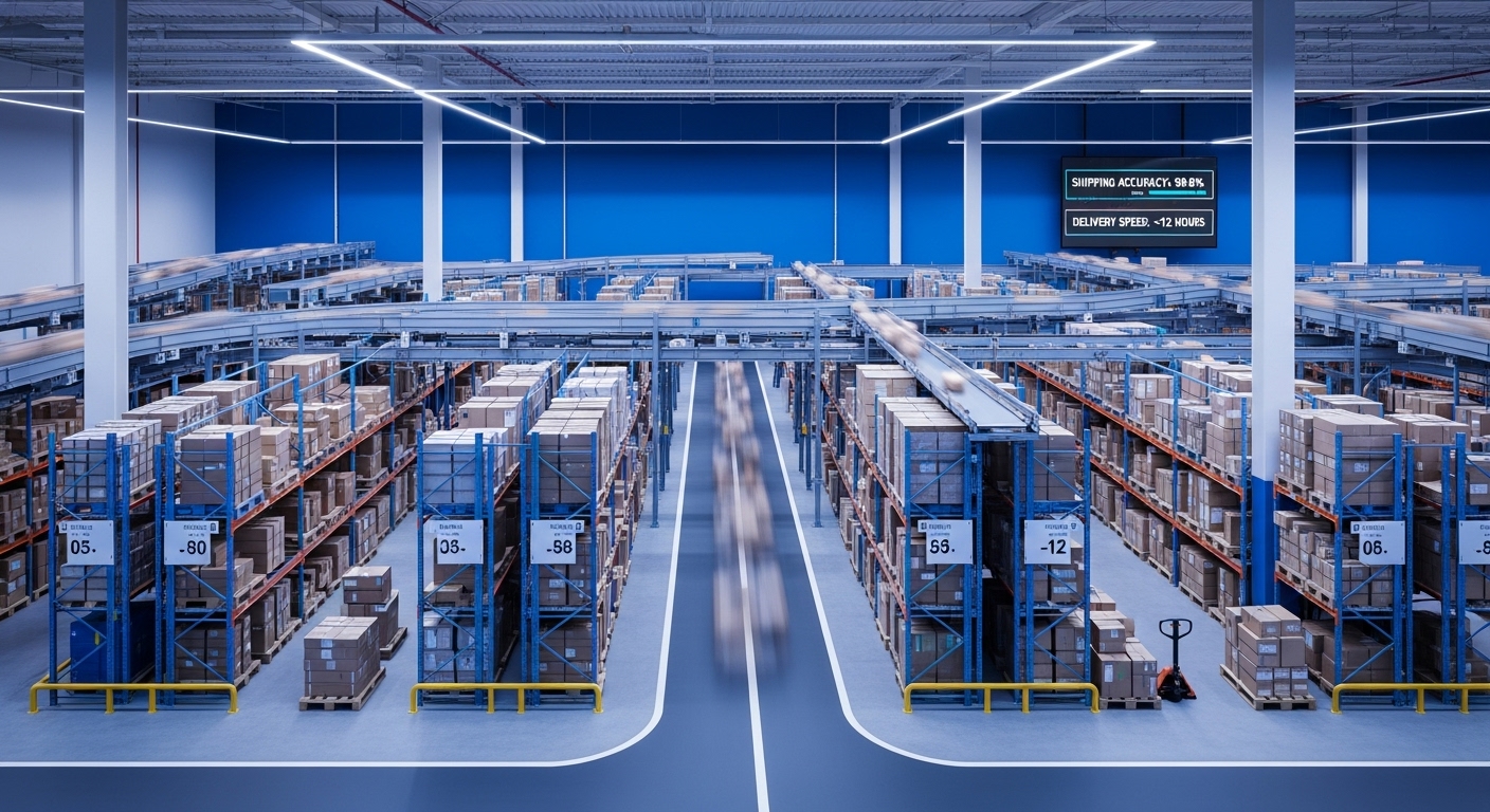 블랙프라이데이 직구 물량이 효율적으로 처리되는 배송대행지(배대지) 물류 센터 모습. 깔끔하게 정돈된 박스들과 빠른 배송을 상징하는 역동적인 분위기.