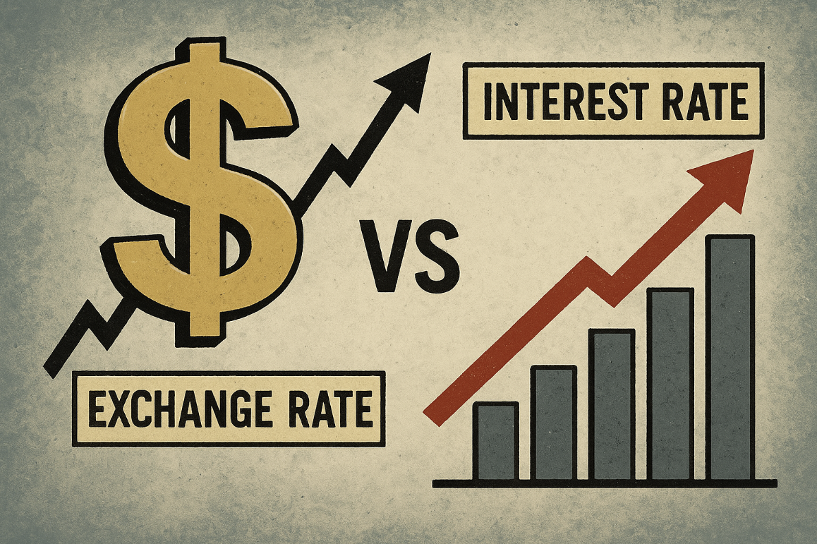 환율 급등과 금리 상승이 주가에 미치는 영향을 연상 시키는 이미지
