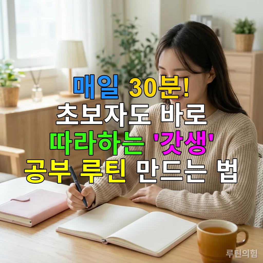 깔끔하게 정돈된 책상에 앉아 30분 공부 루틴을 시작하려는 한국인 여성