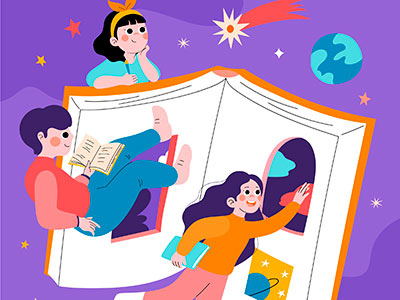 큰 책 속에서 독서를 즐기며 상상력을 펼치는 어린이들 – 독서와 상상, 문화적 자신감을 상징