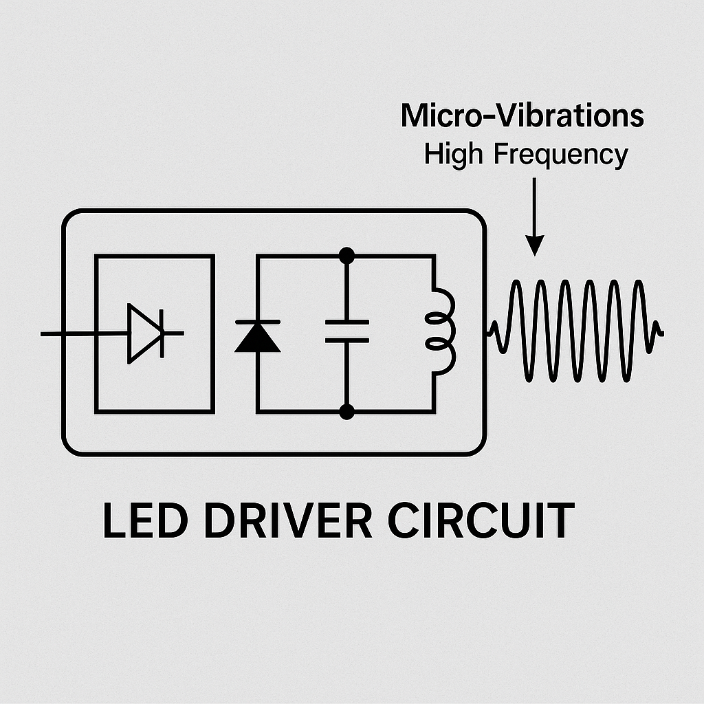 LED 드라이버 회로를 기술 회로도(schematic) 방식으로 표현한 그림이다.
기본적인 정류·필터·스위칭·인덕터·캐패시터 요소들이 포함되어 있으며, 회로의 출력단에서 고주파 진동 파형이 생성되는 구조를 나타낸다.