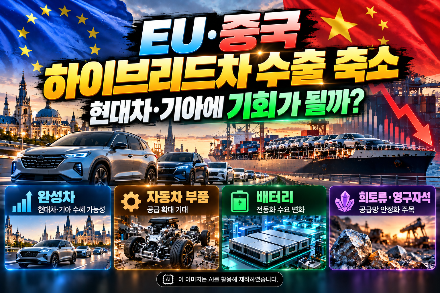 EU와 중국의 하이브리드차 수출 축소 합의에 따른 현대차·기아의 유럽 시장 수혜 가능성과 국내 자동차 부품주, 배터리 관련주, 희토류·영구자석 산업에 미칠 영향을 자동차 수출선과 유럽·중국 국기로 표현한 이미지