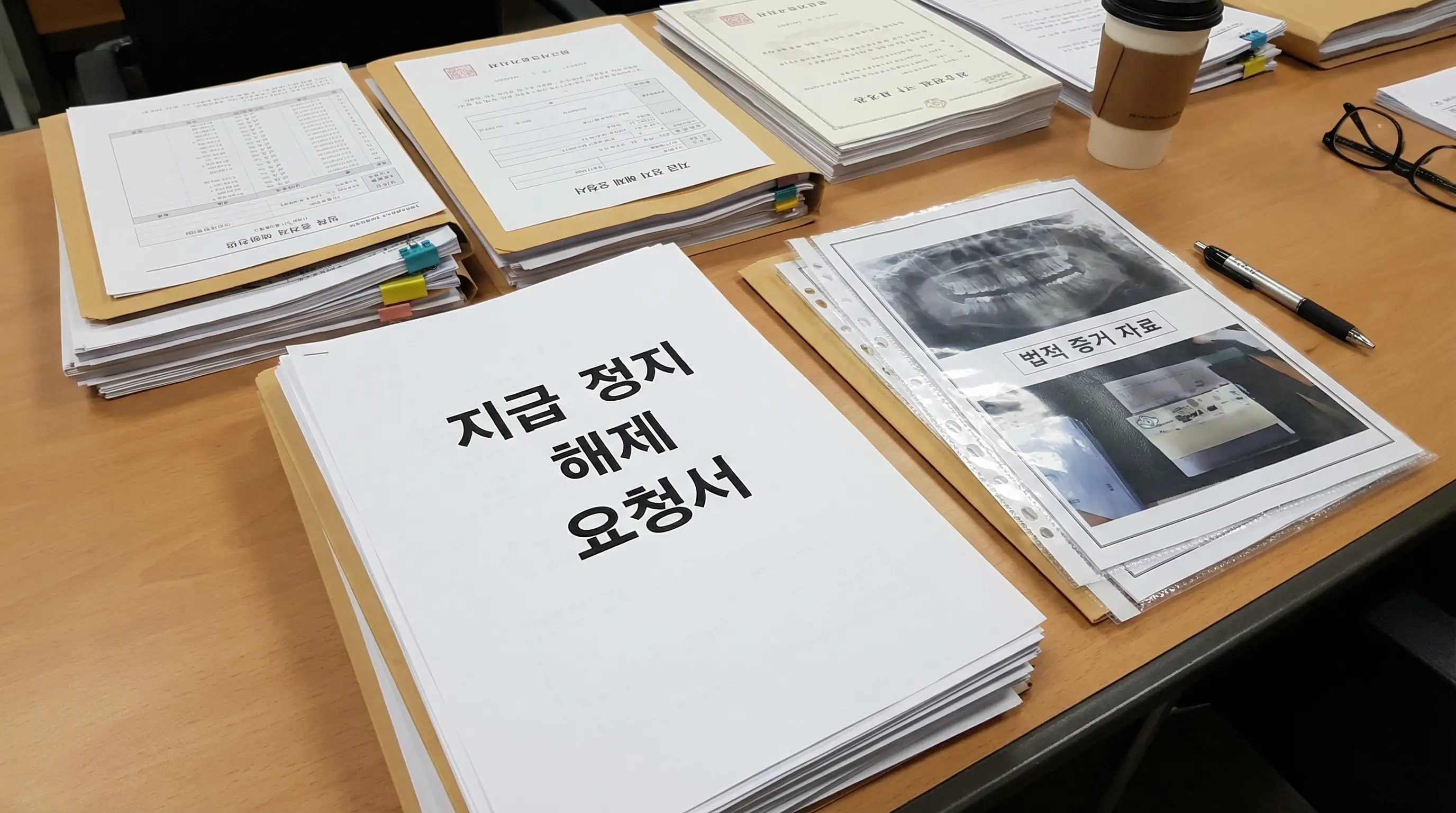지급 정지 해제 요청서 서류와 법적 증거 자료들이 테이블 위에 정리된 모습