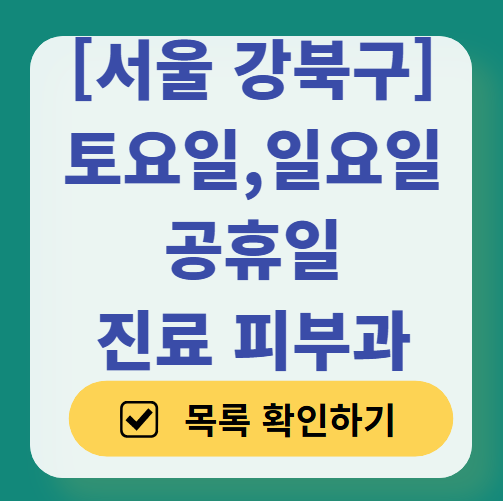 서울 강북구 일요일 문 여는 피부과 목록 ❘ 토요일, 주말, 공휴일 영업 병원 (두드러기, 아토피, 습진, 피부염, 여드름 진료)