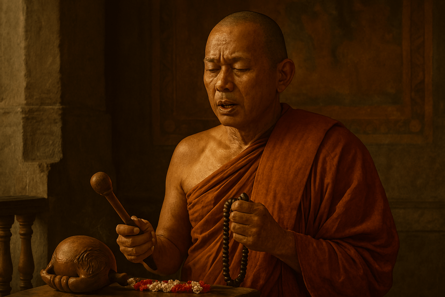 스리랑카 불교의 성지인 캔디 불치사의 화려하고 웅장한 내부 모습. 황금색 불상이 안치되어 있고, 불심 깊은 신자들이 경건하게 기도하는 장면.