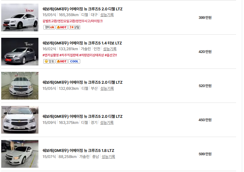 쉐보레 크루즈 중고차 가격 시세표 유지비