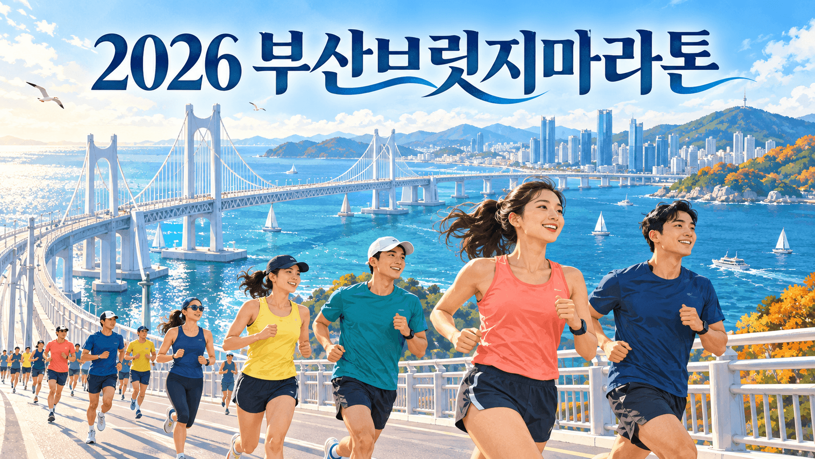 부산의 푸른 바다와 해상대교를 배경으로 함께 달리는 러너들을 담은 2026 부산브릿지마라톤 소개 일러스트.