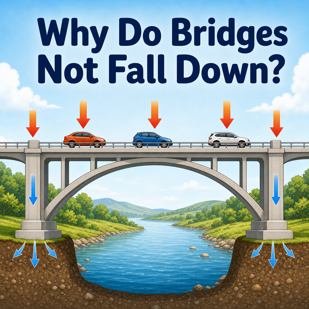 A simple educational illustration showing why bridges do not fall down