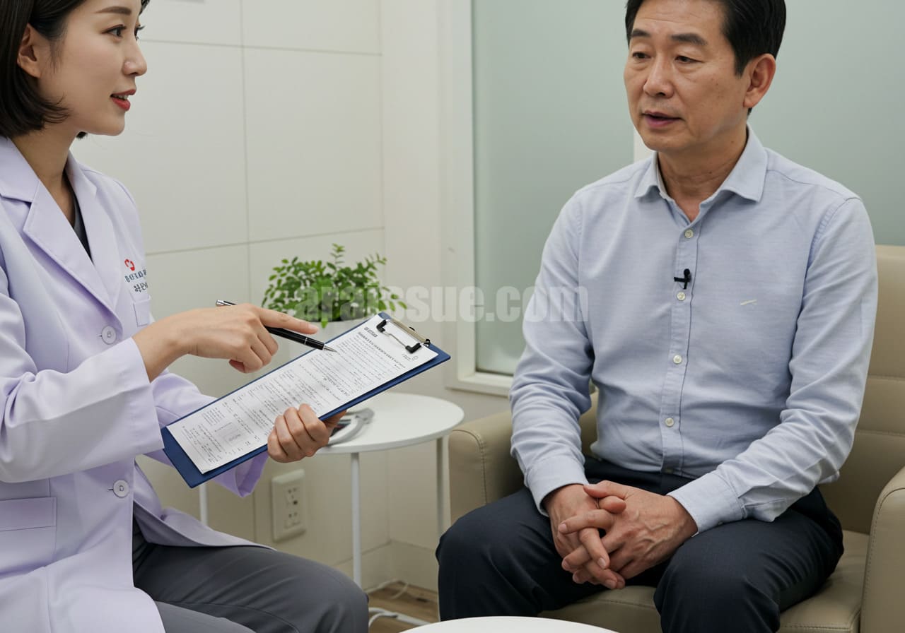 40대 한국 남성이 깔끔한 병원 상담실에서 건강 검진 중요성에 대해 상담 받는 장면