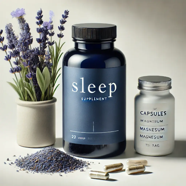 숙면 영양제 – 라벤더, 마그네슘, 허브와 함께 연출된 미니멀 제품 이미지