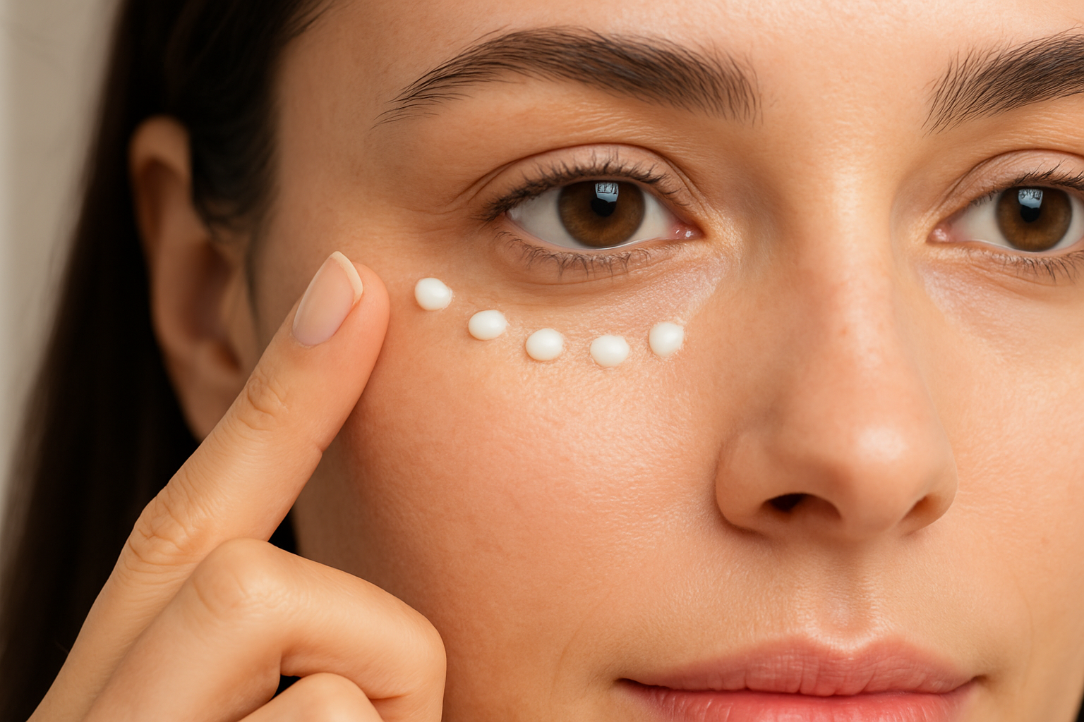 여성이 아이크림을 바르기 위해 눈가에 아이크림을 콕콕 바른 이미지