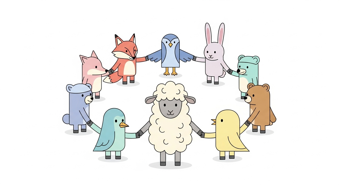 다양한 동물 친구들과 손을 잡고 원을 그리며 협력과 화합을 보여주는 양 캐릭터 일러스트