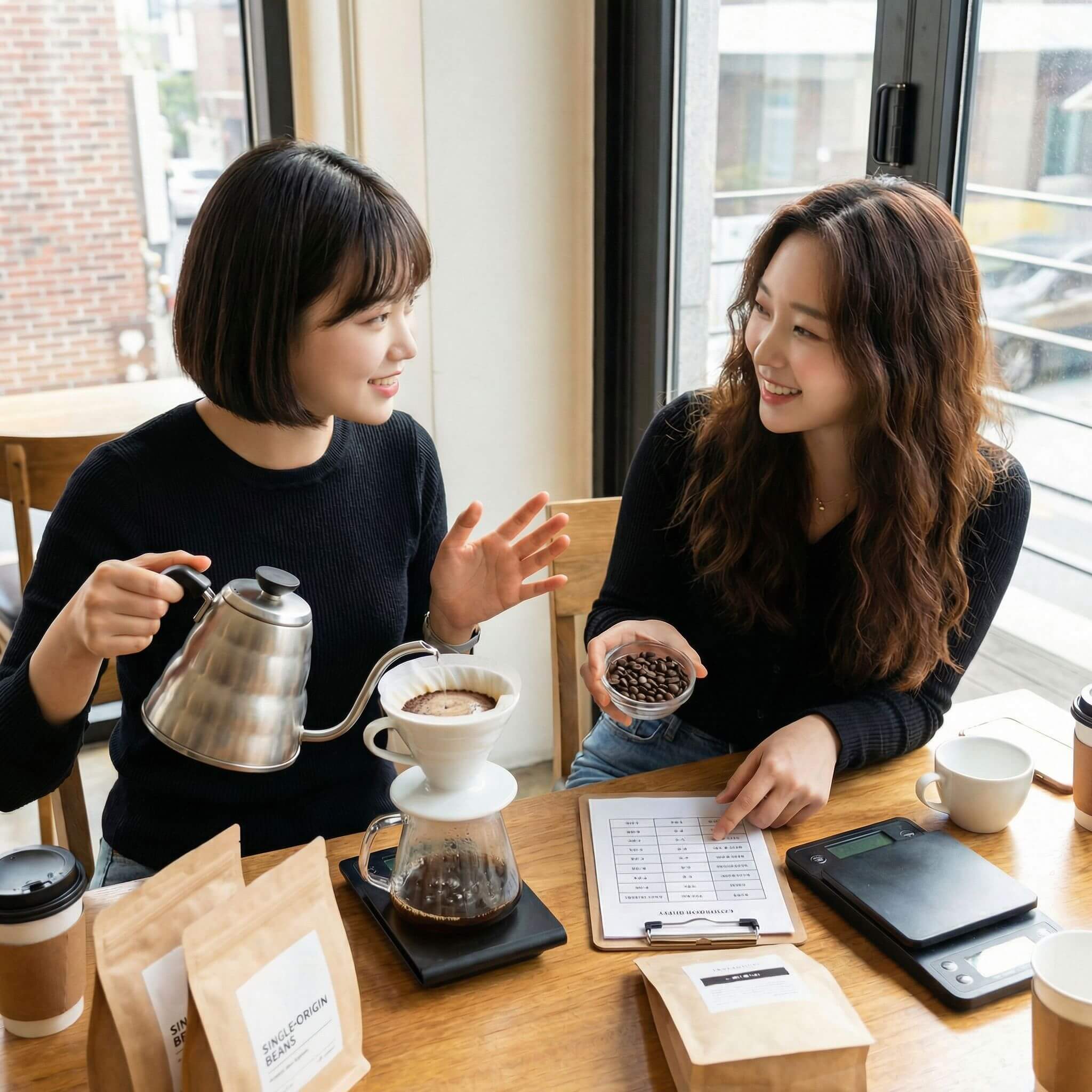 핸드드립 커피의 물과 원두 비율에 대해서 의논하고있는 여성들