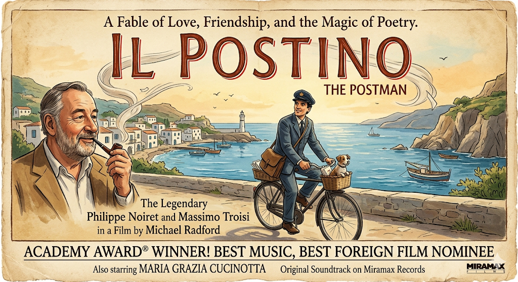 영화 일 포스티노(Il Postino)의 빈티지 스타일 포스터 일러스트. 칠레의 시인 파블로 네루다가 파이프 담배를 물고 미소를 짓고 있으며, 오른쪽에는 우체부 마리오가 자전거 바구니에 강아지를 태운 채 해안가 도로를 달리는 모습. 배경에는 아름다운 이탈리아 섬마을의 하얀 집들과 푸른 바다가 펼쳐져 있다. 상단에는 '중남미 문학관: 시, 사랑, 그리고 영원한 은유'라는 한글 문구와 '일 포스티노(우체부)' 타이틀이 적혀 있다.