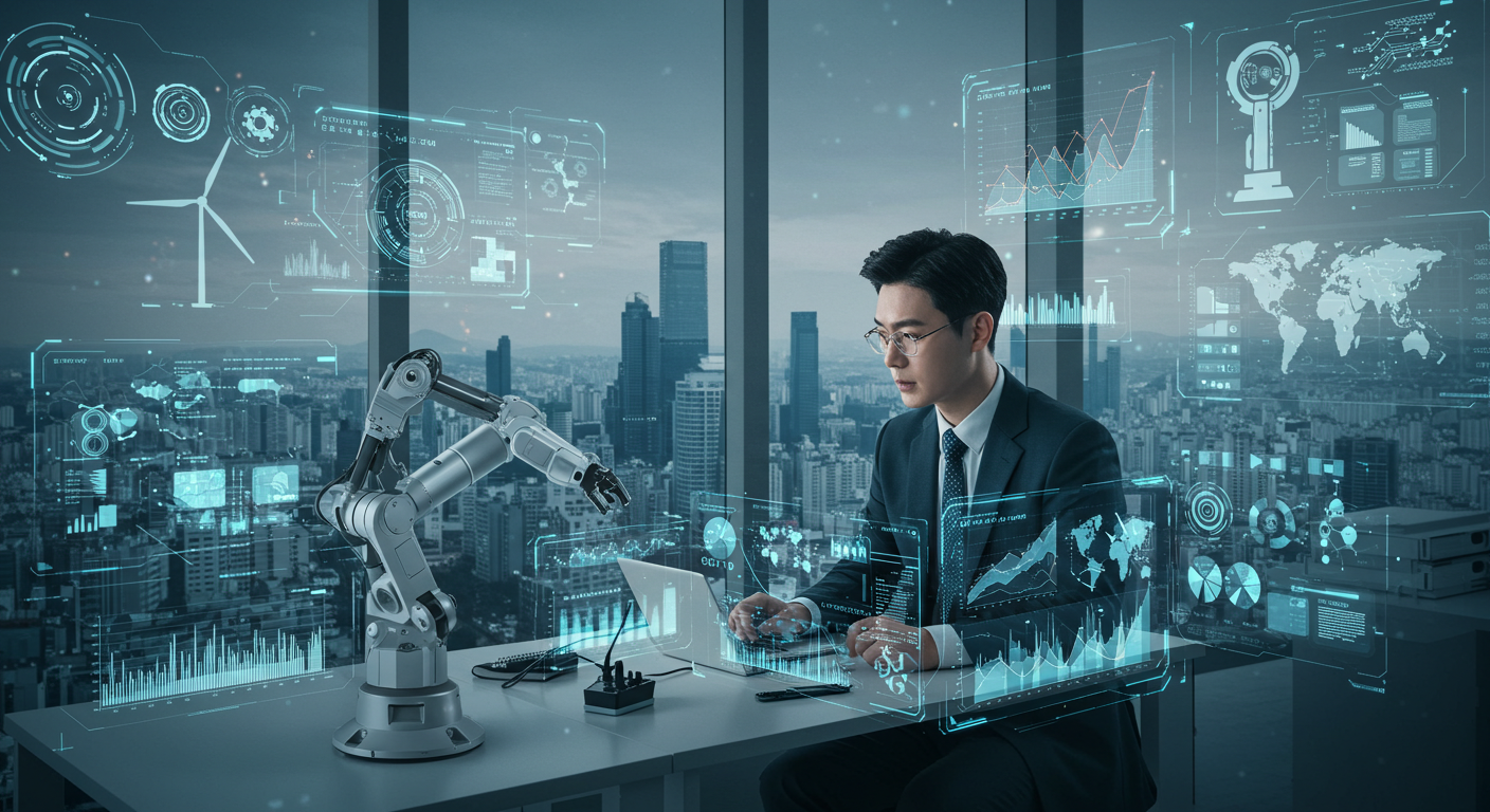 친환경 에너지, 로봇 기술, 전장부품 산업의 2025년 증시 트렌드를 분석하는 디지털 대시보드와 서울 오피스 전경 이미지