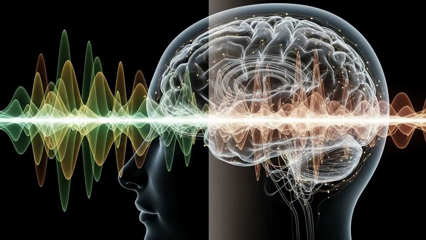 초록색과 금색의 부드러운 음파가 인간의 뇌와 상호작용하는 추상적인 이미지. 뇌의 신경 경로가 빛나며 주파수 변화에 따른 활성 변화를 시사함. 음파가 뇌에 미치는 영향을 은유적으로 표현.