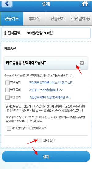 결제카드-약관동의-결제클릭-화면사진