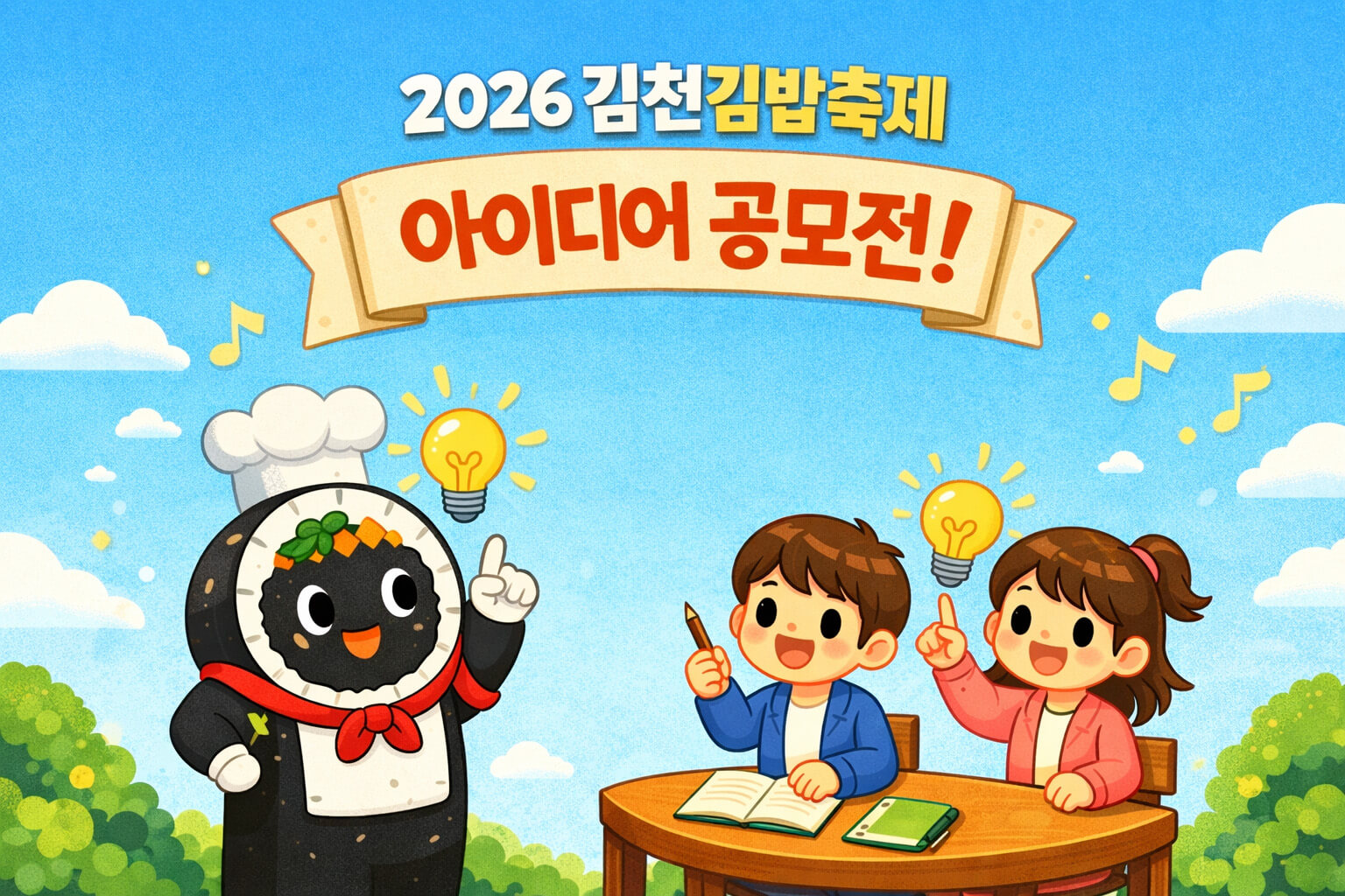 귀여운 김밥 캐릭터와 아이들이 아이디어를 떠올리는 장면을 담은 김천 김밥 축제 공모전 일러스트