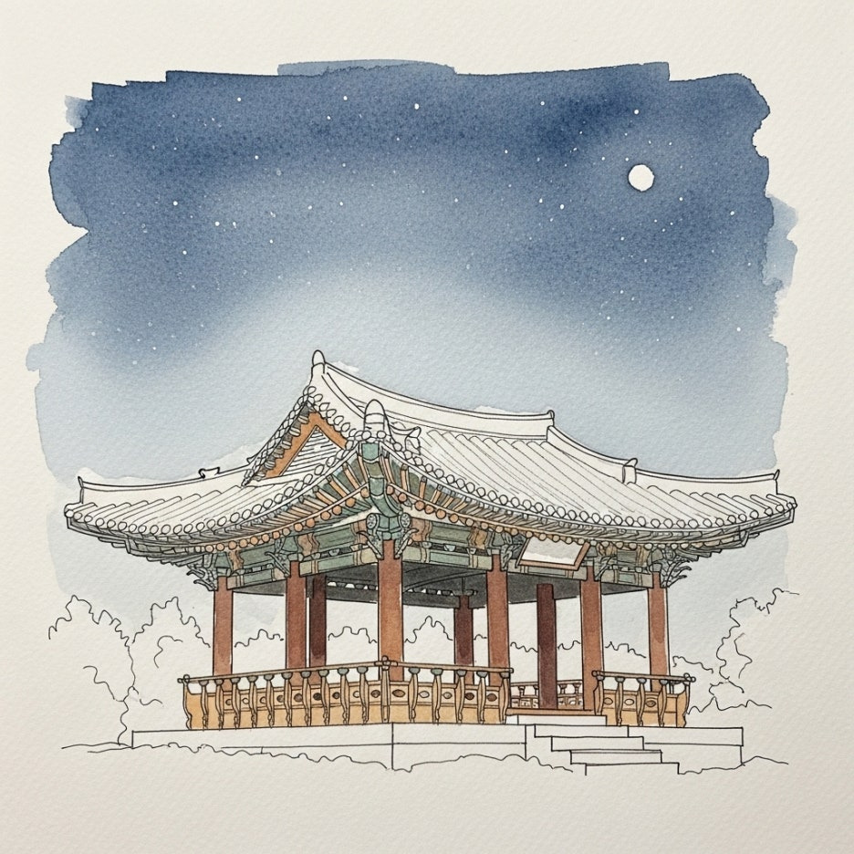 은은한 달빛 아래 고즈넉한 무진정의 수채화 풍경