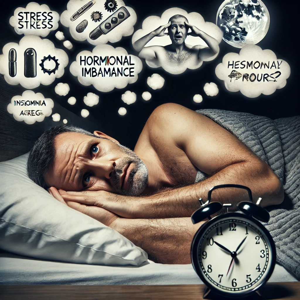 잠이 안와서 눈뜨고 있는 중년의 남성과 원인들을 표현한 이미지