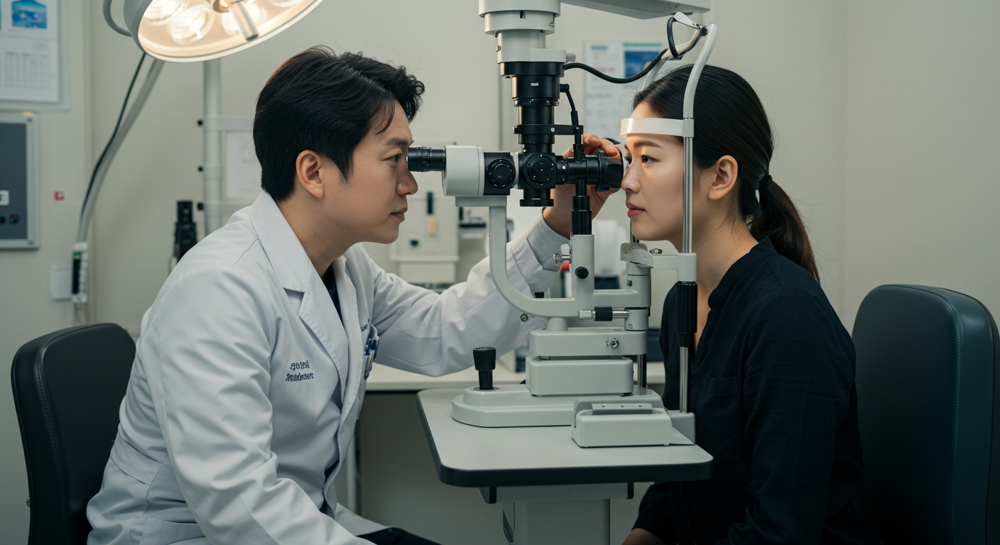 안과 전문의가 환자의 눈을 검사하는 모습