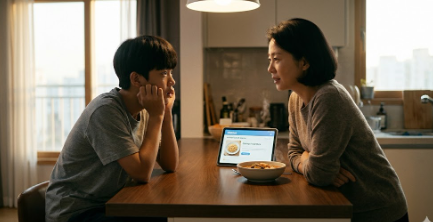 식탁에서 아들의 고단함을 헤아리며 따뜻하게 대화하는 어머니의 모습